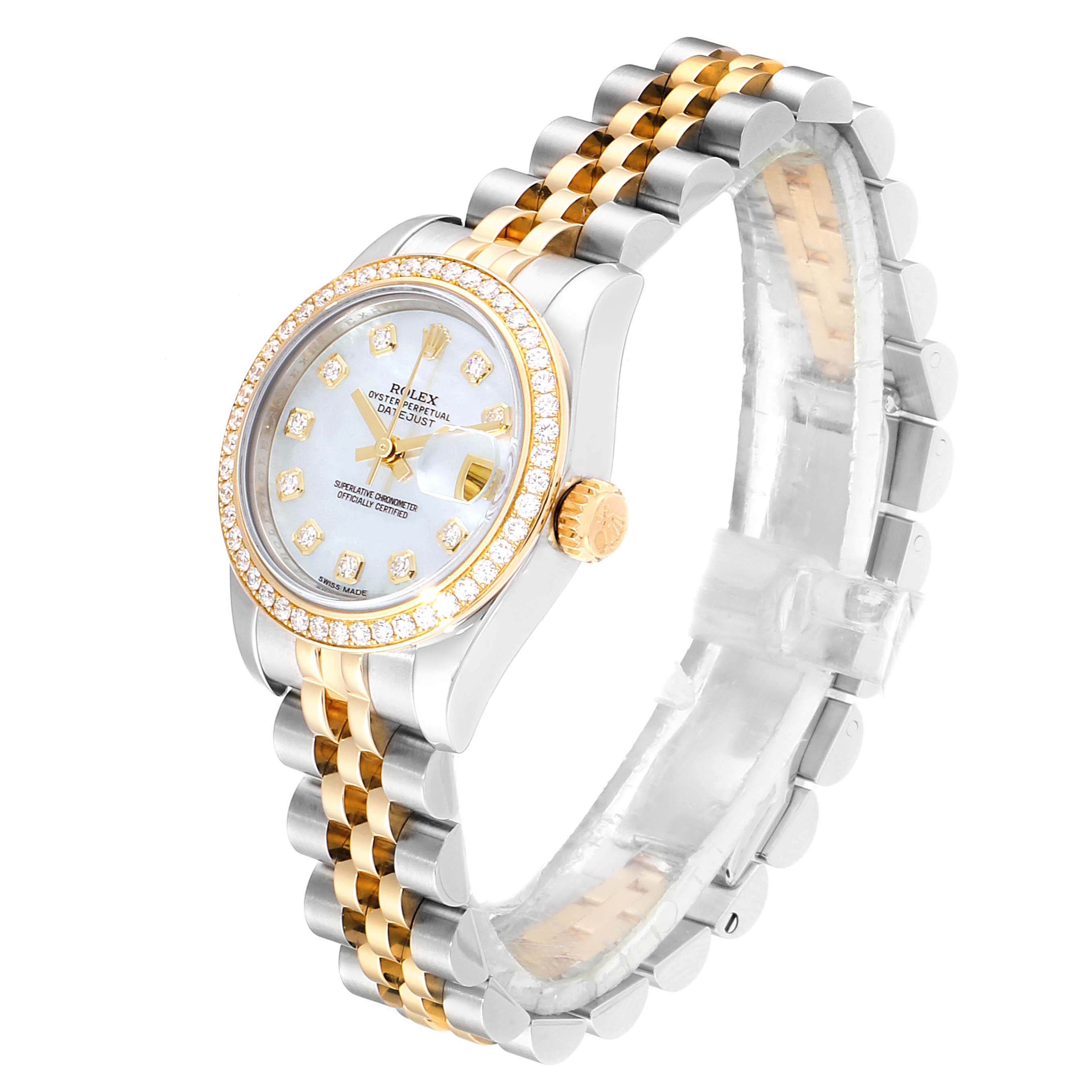 This image displays a Rolex Datejust 179383 Women's Steel and Gold (two tone) Mother of Pearl Dial 179383 Women's Steel and Gold (two tone) Mother of Pearl Dial watch from a 3/4 angle, highlighting the bezel, dial, crown, and two-tone bracelet.