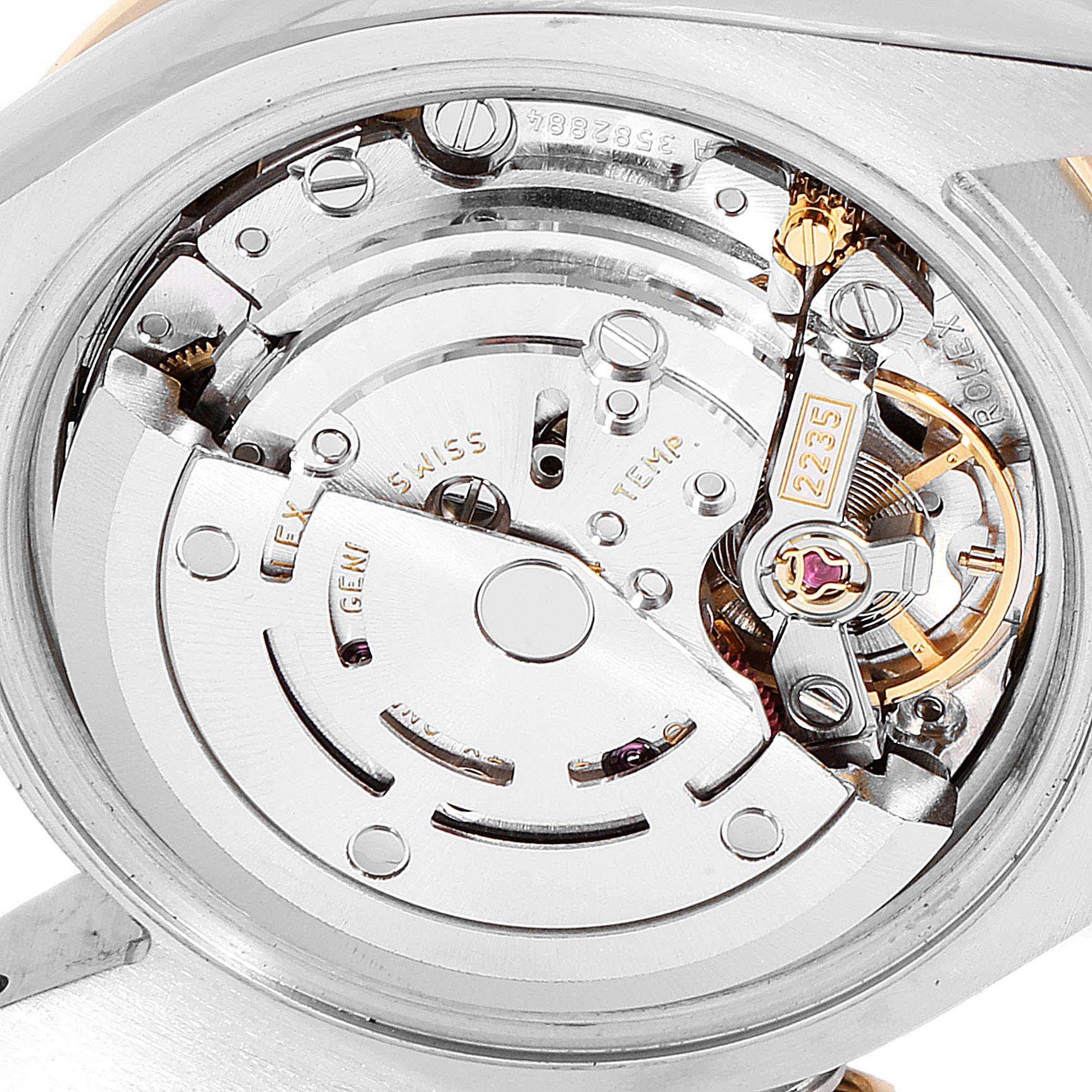 This image shows the internal mechanical movement of the Rolex Datejust 179383 Women's Steel and Gold (two tone) Mother of Pearl Dial 179383 Women's Steel and Gold (two tone) Mother of Pearl Dial watch, viewed from the back.