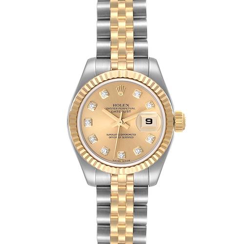 This image shows a front view of a Rolex Datejust 179173 Women's Steel and Gold (two tone) Champagne Dial 179173 Women's Steel and Gold (two tone) Champagne Dial watch, highlighting the dial, bezel, and two-tone bracelet.
