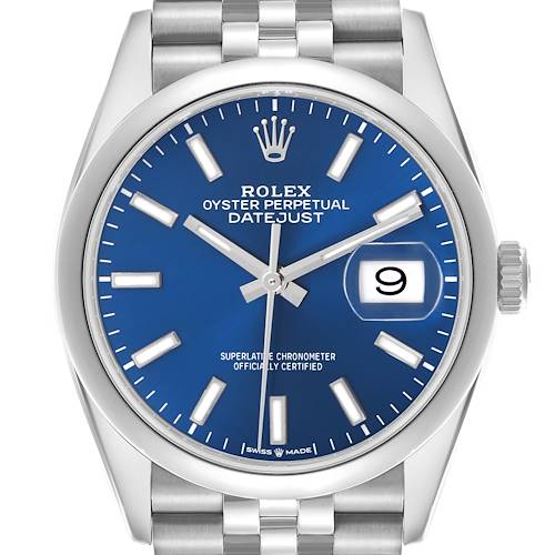 This image shows a Rolex Datejust 126200 Men's Stainless Steel Blue Dial 126200 Men's Stainless Steel Blue Dial watch from a front angle, highlighting its blue dial, date window, and stainless steel case.