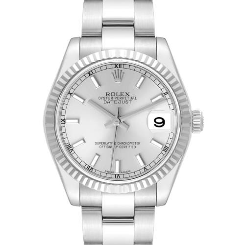 The image shows a front view of the dial, bezel, and part of the bracelet of a Mid-Size Rolex Oyster Perpetual Datejust watch.