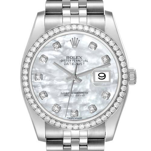 The image shows a front view of a Rolex Datejust 116244 Men's Stainless Steel Mother of Pearl Dial 116244 Men's Stainless Steel Mother of Pearl Dial watch, highlighting the face, bezel, and partially the bracelet.