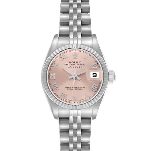 The Rolex Datejust 79174 Women's Stainless Steel Pink Dial 79174 Women's Stainless Steel Pink Dial watch is shown from a top-down angle, highlighting the dial, bezel, and Jubilee bracelet.