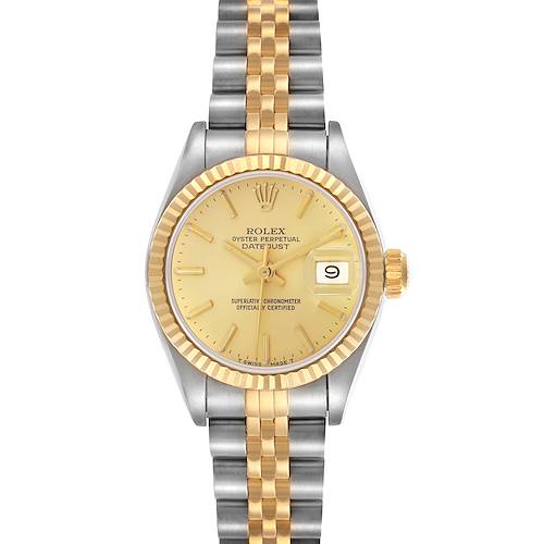 The Rolex Datejust 69173 Women's Steel and Gold (two tone) Champagne Dial 69173 Women's Steel and Gold (two tone) Champagne Dial watch is shown from a front angle, displaying the dial, bezel, crown, and Jubilee bracelet.