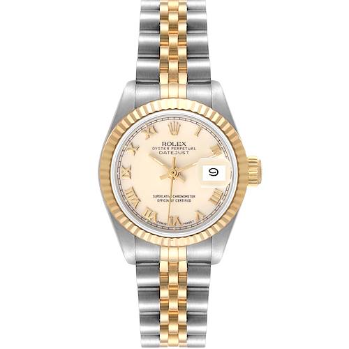 The image shows a Rolex Datejust 69173 Women's Steel and Gold (two tone) Beige Dial 69173 Women's Steel and Gold (two tone) Beige Dial watch with a stainless steel and gold bracelet, viewed from the front.