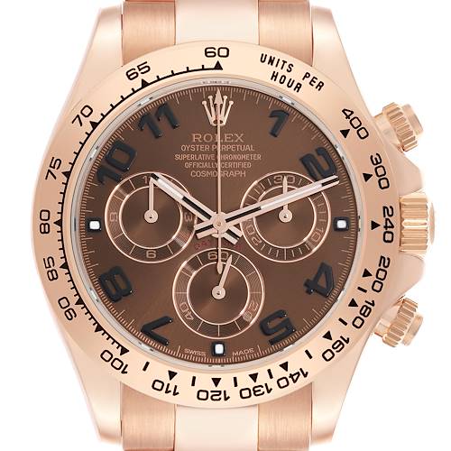 The Rolex Daytona 116505 Men's Rose Gold Brown Dial 116505 Men's Rose Gold Brown Dial is shown from the front angle, highlighting its dial, bezel, and sub-dials.