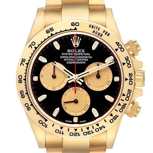 The Rolex Daytona 116508 Men's Yellow Gold Black Dial 116508 Men's Yellow Gold Black Dial watch is shown from a front view, highlighting its black dial, gold subdials, and tachymetric bezel.