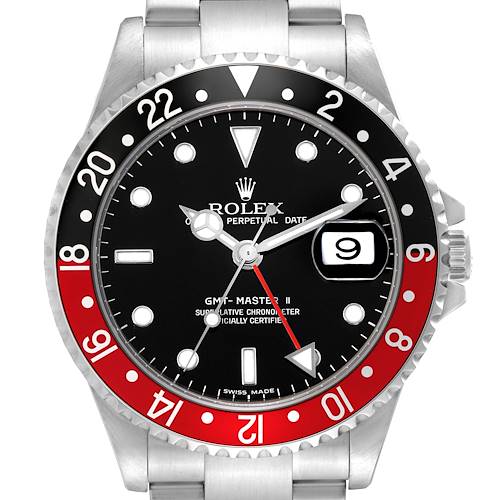 The image shows a front view of the Rolex GMT-Master 16710 Men's Stainless Steel Black Dial 16710 Men's Stainless Steel Black Dial II watch, displaying its face, bezel, and part of the bracelet.