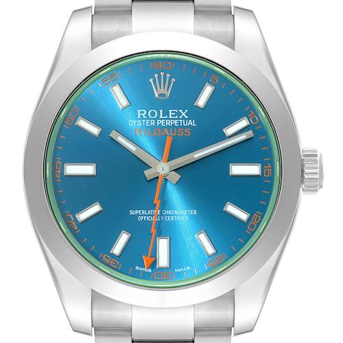 This image shows a close-up of the Rolex Milgauss 116400GV Men's Stainless Steel Blue Dial 116400GV Men's Stainless Steel Blue Dial watch face, including its blue dial, orange lightning bolt seconds hand, and stainless steel case.