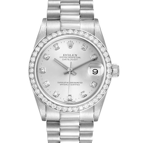 The image shows a front view of the Rolex President 78286 Women's Platinum Silver Dial 78286 Women's Platinum Silver Dial model watch, featuring its dial, bezel, and part of the bracelet.