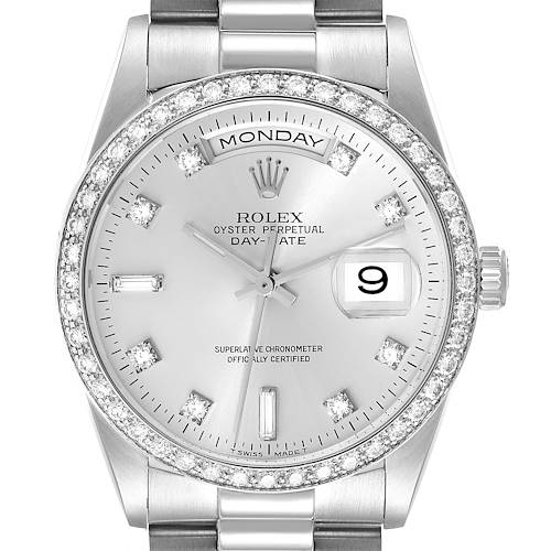 The Rolex President 18346 Men's Platinum Silver Dial 18346 Men's Platinum Silver Dial watch model is shown from the front, displaying its face, day-date indicators, diamond bezel, and part of the bracelet.