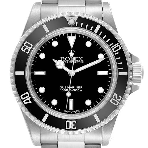 The Rolex Submariner 14060 Men's Stainless Steel Black Dial 14060 Men's Stainless Steel Black Dial watch is shown from a top-down angle, displaying the bezel, dial, and part of the bracelet.