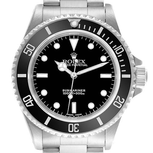 The Rolex Submariner 14060 Men's Stainless Steel Black Dial 14060 Men's Stainless Steel Black Dial watch is shown from a front angle, displaying its dial, bezel, and part of the bracelet.