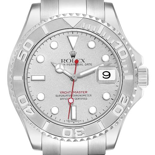 The Rolex Yacht-Master 16622 Men's Stainless Steel Silver Dial 16622 Men's Stainless Steel Silver Dial watch is shown from a front angle, highlighting the dial, bezel, and bracelet.