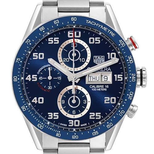 The image shows the front view of a Tag Heuer Carrera CV2A1V.BA0738 Men's Stainless Steel Blue Dial CV2A1V.BA0738 Men's Stainless Steel Blue Dial watch with its dial, bezel, and chronograph sub-dials clearly visible.