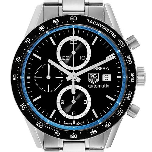 This image shows a front view of the Tag Heuer Carrera Limited Edition watch, highlighting its dial, bezel, and chronograph subdials.