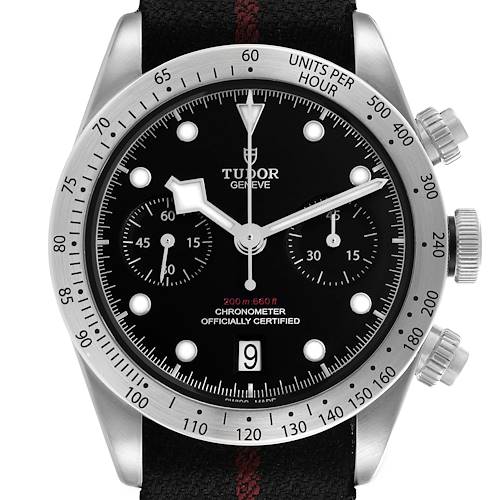 The image shows a front view of the Tudor Heritage Black Bay 79350 Men's Stainless Steel Black Dial 79350 Men's Stainless Steel Black Dial watch, highlighting the dial, bezel, and pushers.
