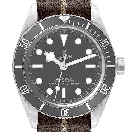 The image shows a front view of the Heritage Black Bay model by Tudor, highlighting the watch face and bezel.