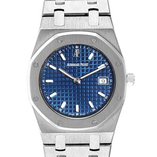 The image shows a front view of an Audemars Piguet Royal Oak 57175ST.OO.0789ST.03 Women's Stainless Steel Blue Dial 57175ST.OO.0789ST.03 Women's Stainless Steel Blue Dial watch, highlighting the blue dial, date window, and stainless steel bracelet.