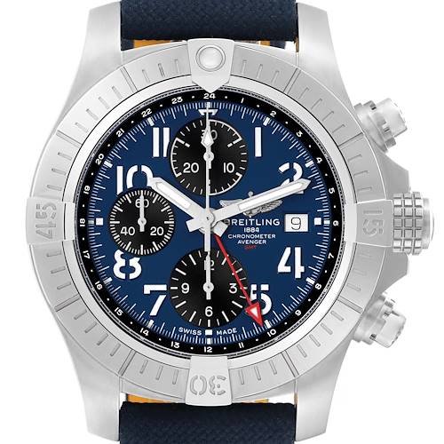 The image shows a front view of the Breitling Avenger A24315 Men's Stainless Steel Blue Dial A24315 Men's Stainless Steel Blue Dial watch, highlighting its face, chronograph subdials, and bezel.
