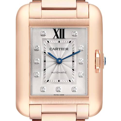 This is a close-up, front-facing view of the Cartier Tank Anglaise WJTA0004 Women's Rose Gold Silver Dial WJTA0004 Women's Rose Gold Silver Dial watch, showcasing its face, dial, hands, and part of the strap.