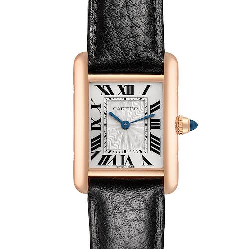 The Cartier Tank Louis WGTA0010 Women's Rose Gold Silver Dial WGTA0010 Women's Rose Gold Silver Dial watch is shown from the front, displaying its rectangular dial, Roman numerals, and leather strap.