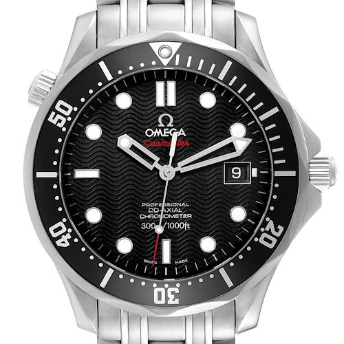 This image shows a front view of an Omega Seamaster 212.30.41.20.01.002 Men's Stainless Steel Black Dial 212.30.41.20.01.002 Men's Stainless Steel Black Dial watch, focusing on the dial, bezel, and part of the bracelet.