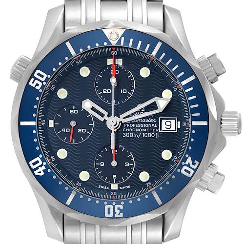 The image shows a front view of the Omega Seamaster 2599.80.00 Men's Stainless Steel Blue Dial 2599.80.00 Men's Stainless Steel Blue Dial watch, highlighting its blue dial, bezel, and chronometer subdials.