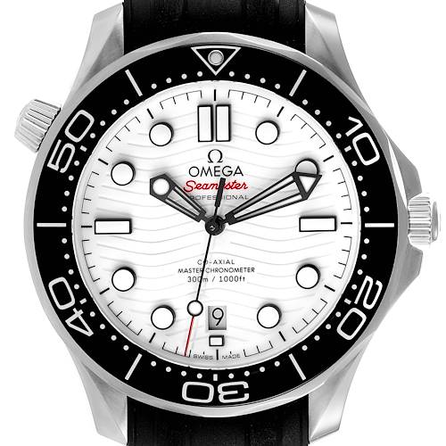 The Omega Seamaster 210.32.42.20.04.001 Men's Stainless Steel White Dial 210.32.42.20.04.001 Men's Stainless Steel White Dial model watch is shown from a front angle, displaying its dial, bezel, and crown.