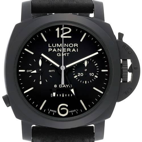 The image shows a front view of the Panerai Luminor PAM00317 Men's Ceramic Black Dial PAM00317 Men's Ceramic Black Dial GMT watch, displaying the face, crown guard, and leather strap.