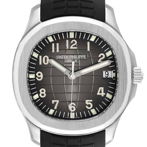 The Patek Philippe Aquanaut 5167A-001 Men's Stainless Steel Black Dial 5167A-001 Men's Stainless Steel Black Dial watch is shown from a front angle, displaying the dial, hands, case, and crown.