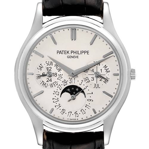 The image shows a frontal view of a Patek Philippe Calatrava 5140G-001 Men's White Gold Silver Dial 5140G-001 Men's White Gold Silver Dial watch displaying date, day, month, and moon phase complications.