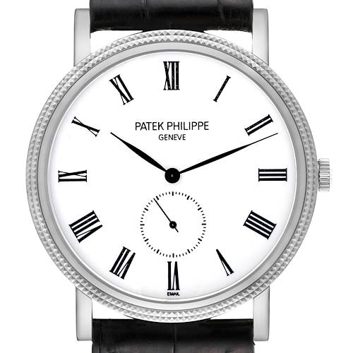This image shows a front view of the Patek Philippe Calatrava 5116G Men's White Gold White Dial 5116G Men's White Gold White Dial watch, displaying its dial, hands, and Roman numerals.