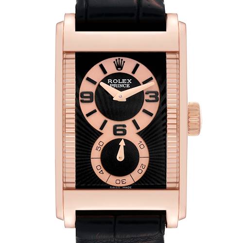 The image shows a front view of a Rolex Cellini 5442/5 Men's Rose Gold Black Dial 5442/5 Men's Rose Gold Black Dial Prince watch, displaying its rectangular face and black leather strap.
