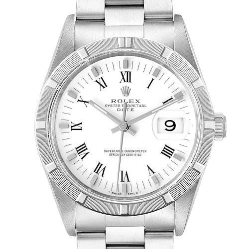The image shows a frontal view of the Rolex Date 15210 Men's Stainless Steel White Dial 15210 Men's Stainless Steel White Dial model watch, highlighting its dial, bezel, and bracelet.