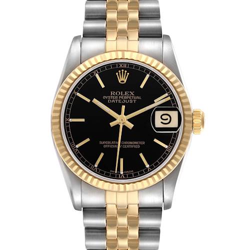 The Rolex Mid-Size 68273 Women's Steel and Gold (two tone) Black Dial 68273 Women's Steel and Gold (two tone) Black Dial Datejust is shown from the front, highlighting the black dial, gold bezel, and two-tone bracelet.