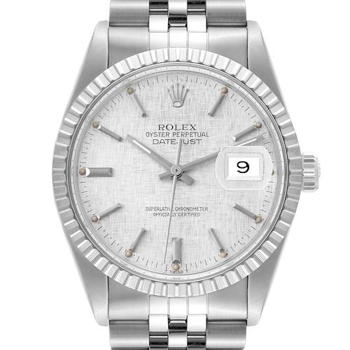 The image shows a front view of the Rolex Vintage Collection 16030 Men's Stainless Steel Silver Dial 16030 Men's Stainless Steel Silver Dial Datejust, highlighting the dial, hands, date display, and part of the bracelet.