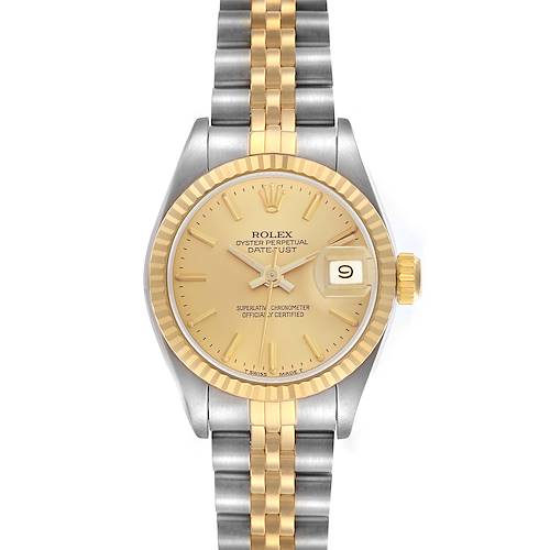 The Rolex Datejust 69173 Women's Steel and Gold (two tone) Champagne Dial 69173 Women's Steel and Gold (two tone) Champagne Dial is shown from a top view, highlighting the dial, bezel, two-tone bracelet, and date display.