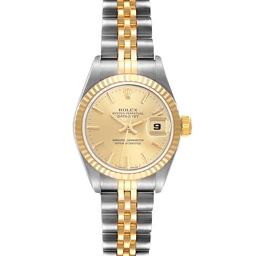 The Rolex Datejust 69173 Women's Steel and Gold (two tone) Champagne Dial 69173 Women's Steel and Gold (two tone) Champagne Dial watch is shown from a top-down angle, highlighting its face, two-tone bezel, and bracelet.