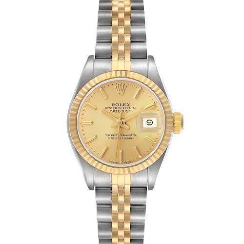 The Rolex Datejust 69173 Women's Steel and Gold (two tone) Champagne Dial 69173 Women's Steel and Gold (two tone) Champagne Dial is shown from the front, displaying the dial, hands, date, bezel, and bracelet.