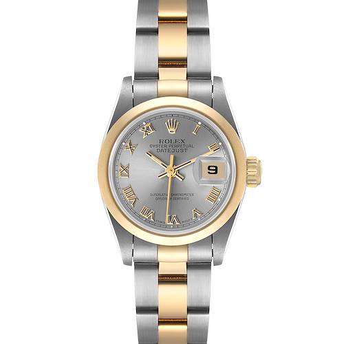 The image shows a front view of a Rolex Datejust 69163 Women's Stainless Steel Grey Dial 69163 Women's Stainless Steel Grey Dial watch displaying the dial, bezel, and bracelet.