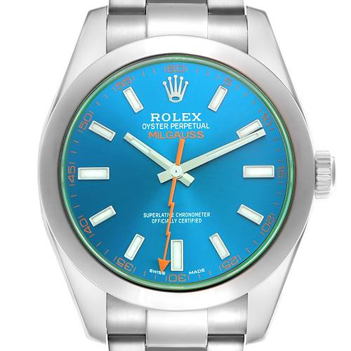 The Rolex Milgauss 116400GV Men's Stainless Steel Blue Dial 116400GV Men's Stainless Steel Blue Dial watch is shown from the front, displaying its blue dial, hands, markers, and part of the bracelet.