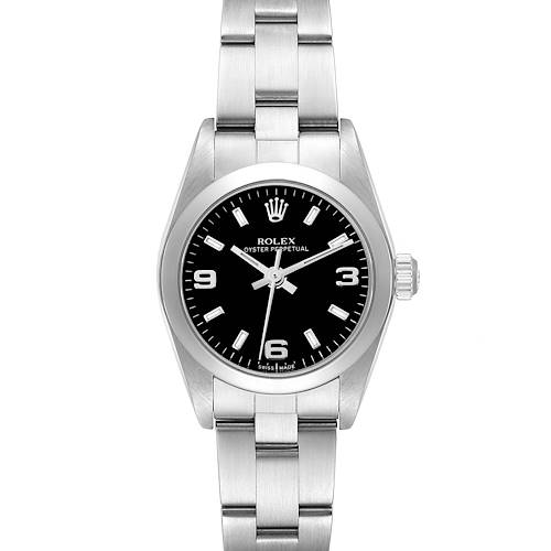 The Rolex Oyster Perpetual 76080 Women's Stainless Steel Black Dial 76080 Women's Stainless Steel Black Dial watch is shown from a front view, displaying the dial, bezel, bracelet, and crown.