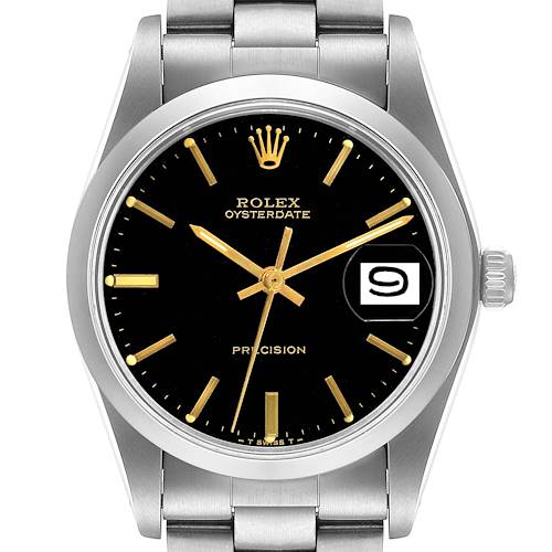 This image shows a front view of a Rolex Oysterdate Precision watch, displaying the dial, hands, date window, crown, and part of the bracelet.