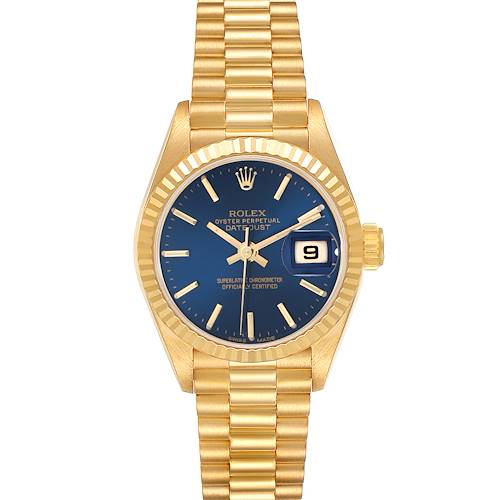 The Rolex President 69178 Women's Yellow Gold Blue Dial 69178 Women's Yellow Gold Blue Dial model watch is shown from the front, displaying the dial, bezel, bracelet, and crown.