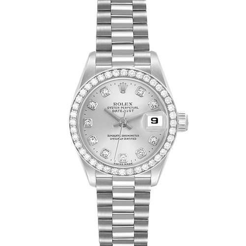 The Rolex President 69136 Women's Platinum Silver Dial 69136 Women's Platinum Silver Dial model is shown from a top-down angle, highlighting the diamond bezel, dial, and bracelet.