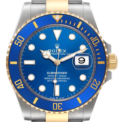 The Rolex Submariner 126613 Men's Steel and Gold (two tone) Blue Dial 126613 Men's Steel and Gold (two tone) Blue Dial watch is shown front-facing, displaying the blue dial, gold and blue bezel, and the bracelet's upper part.