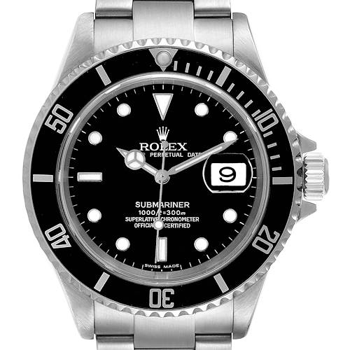 The image shows a front view of a Rolex Submariner 16610 Men's Stainless Steel Black Dial 16610 Men's Stainless Steel Black Dial watch, featuring its bezel, dial, hands, bracelet, and date window.