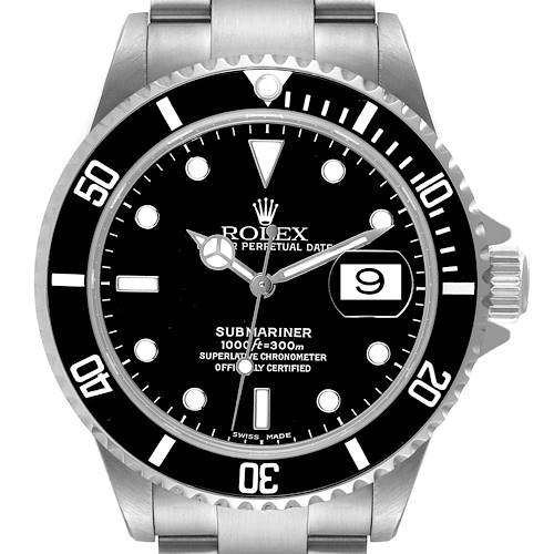 This image shows a front view of the Rolex Submariner 16610 Men's Stainless Steel Black Dial 16610 Men's Stainless Steel Black Dial watch, highlighting its face, bezel, crown, and part of the bracelet.