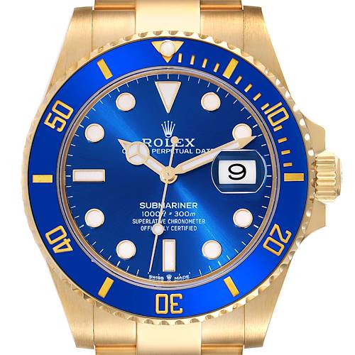 The image shows a front angle of the Rolex Submariner 126618LB Men's Yellow Gold Blue Dial 126618LB Men's Yellow Gold Blue Dial watch, highlighting its blue dial, bezel, and gold case.
